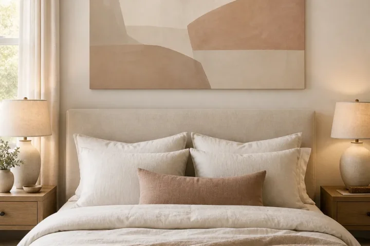 Calm bedroom with soft over the bed wall decor, linen bedding, and a large tonal abstract canvas above the headboard