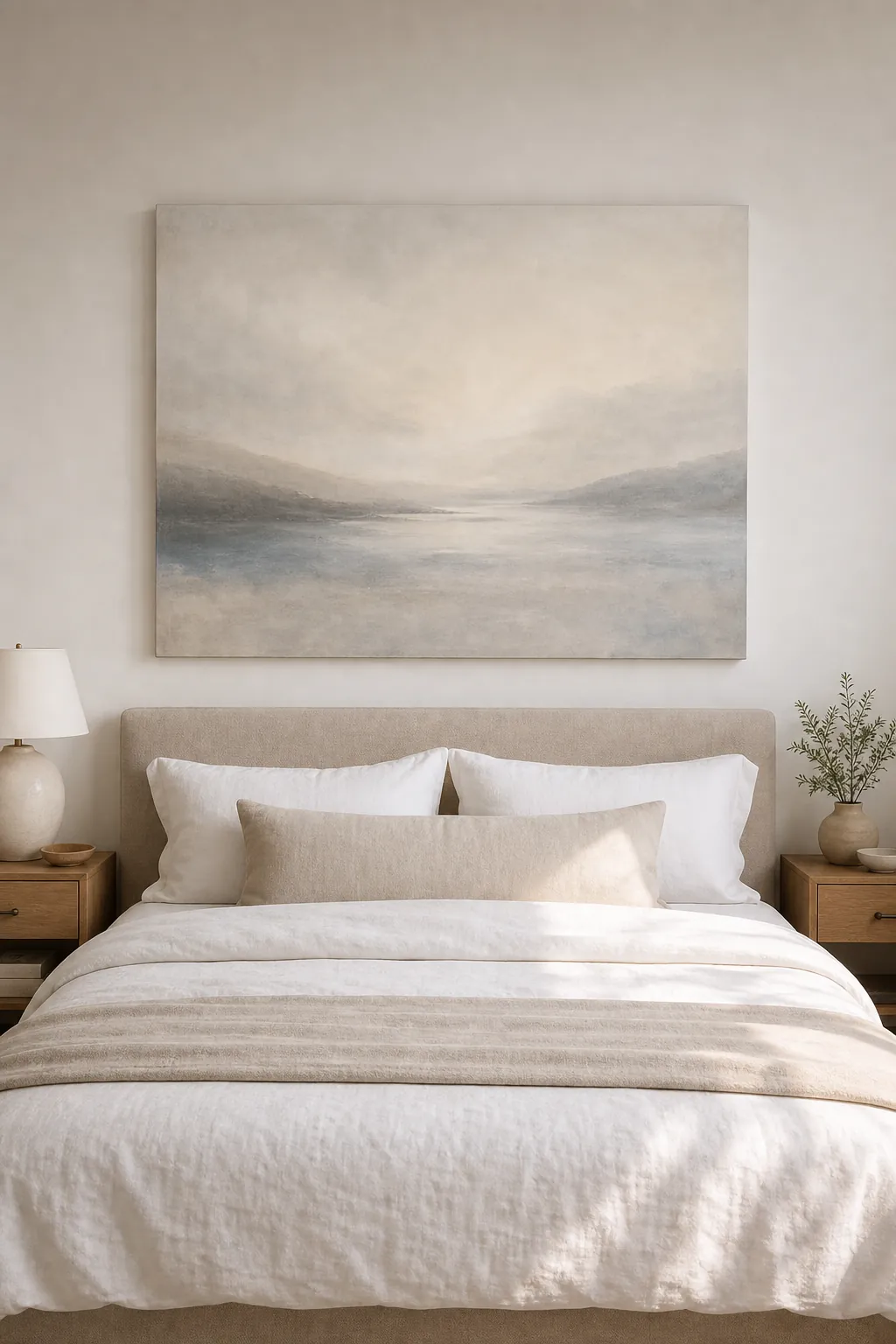 Large soft tonal canvas above a bed creating calm bedroom wall art without visual clutter