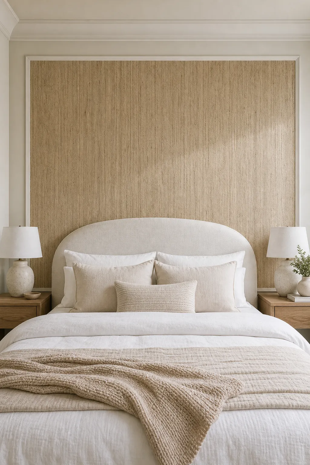 Grasscloth wallpaper panel behind a bed creating soft bedroom wall decor without extra frames
