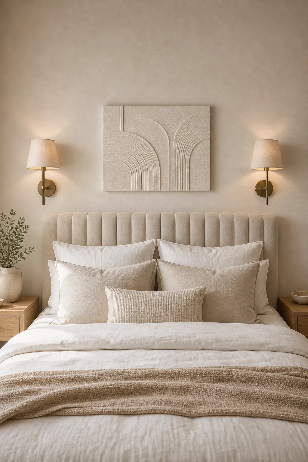 Bedroom with small plaster relief panel and sconces above the bed for calm layered wall decor