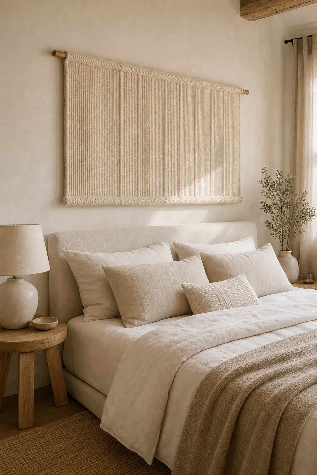Soft woven textile panel above a bed as lightweight calm bedroom wall decor