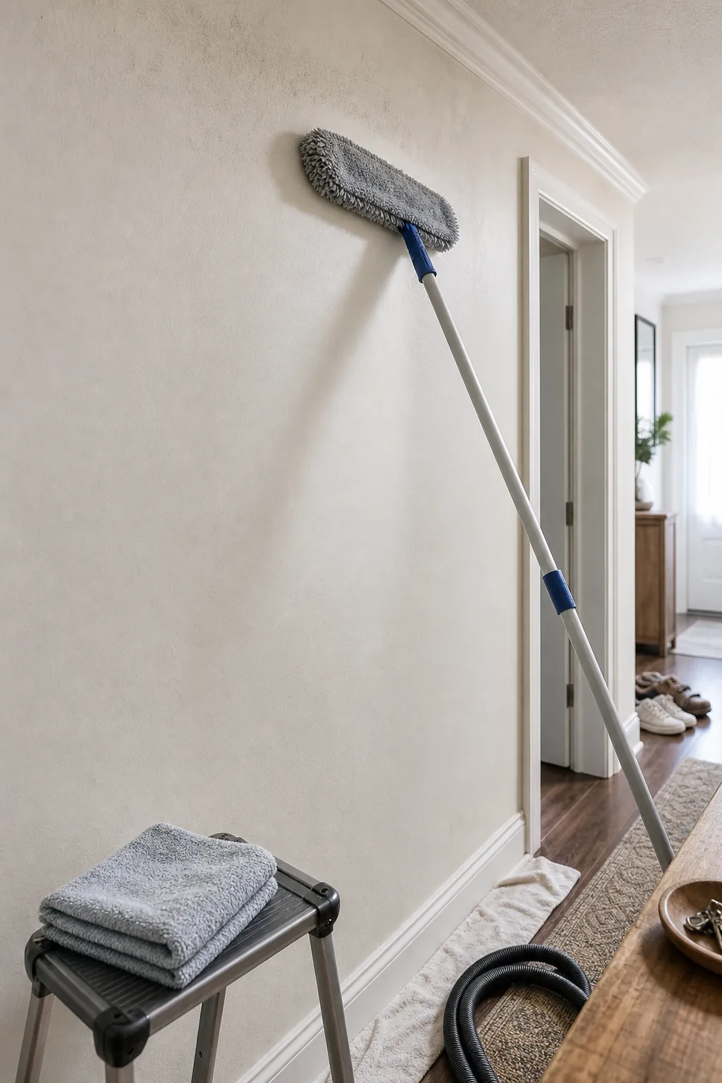 Dry microfiber duster removing loose dust before washing painted walls