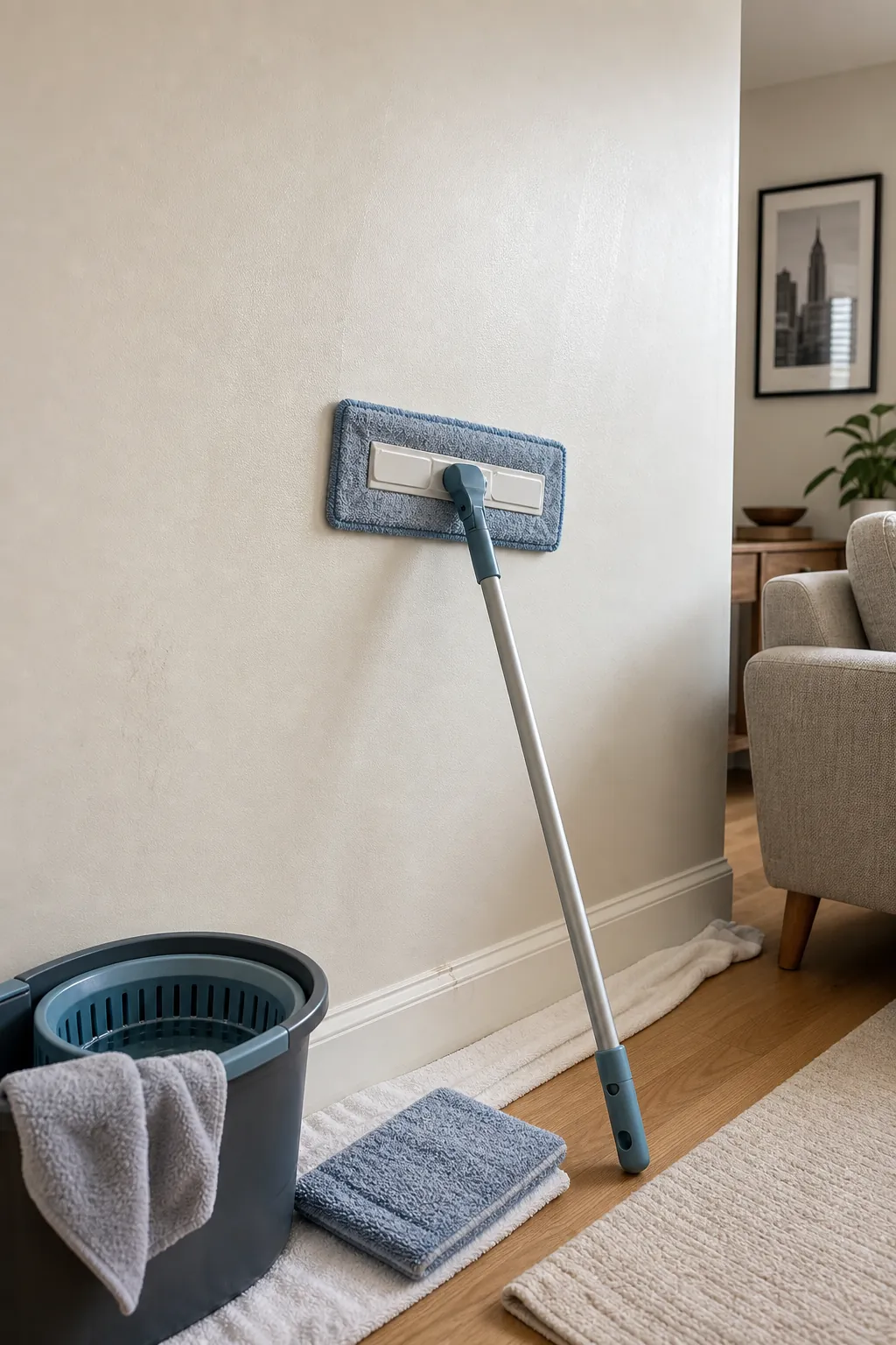 Well wrung microfiber mop washing a painted wall without drips