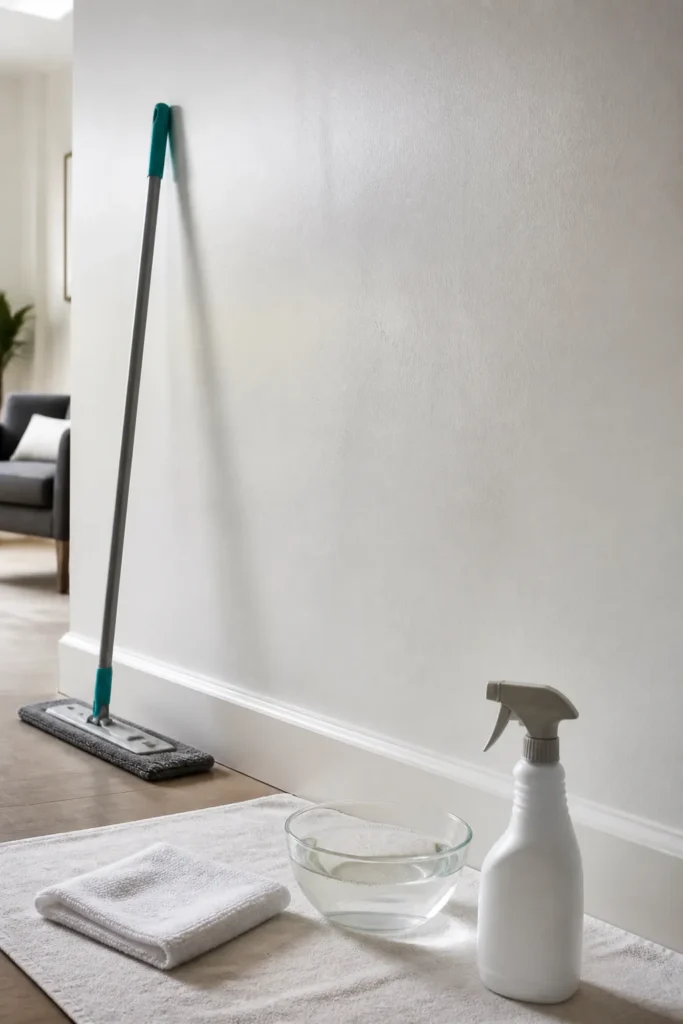 Easy wall washing setup with a microfiber mop and mild cleaner beside a clean painted wall