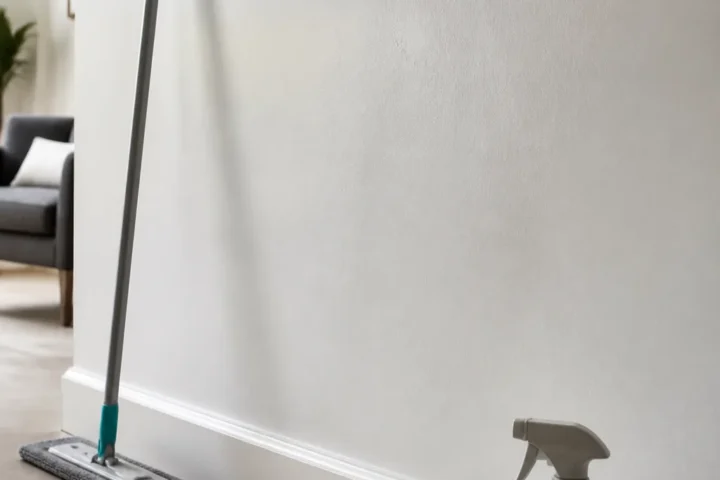 Easy wall washing setup with a microfiber mop and mild cleaner beside a clean painted wall