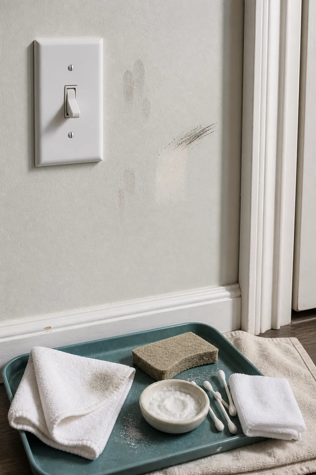 Gentle spot cleaning tools for wall scuffs fingerprints and grease near a light switch