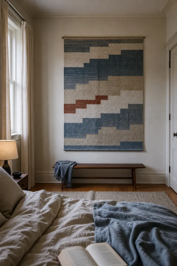 Calm bedroom wall decor opposite the bed with a woven textile panel and slim bench