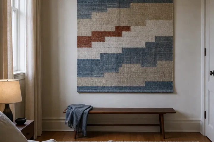 Calm bedroom wall decor opposite the bed with a woven textile panel and slim bench