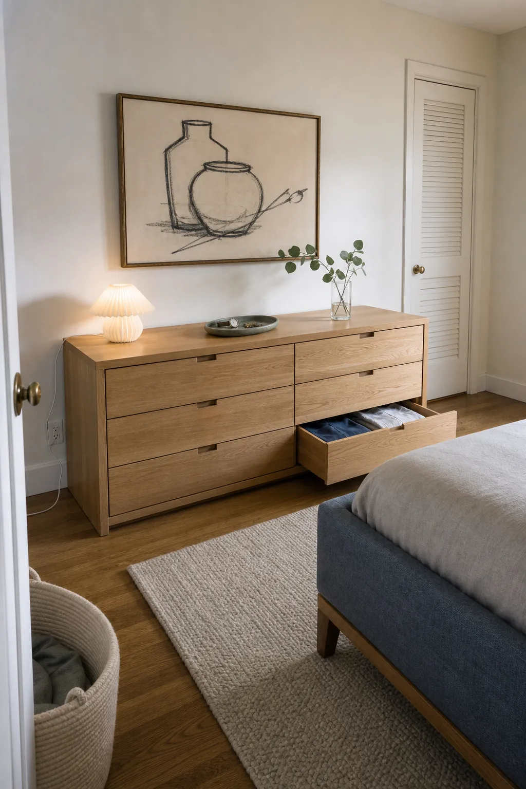 Low oak dresser with quiet bedroom wall art opposite a neatly made bed