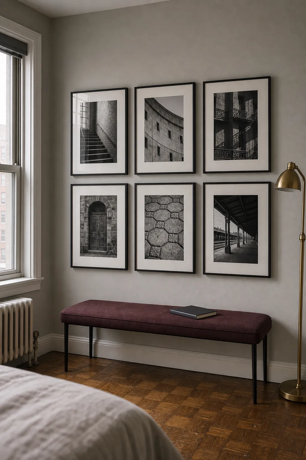 Orderly six-frame gallery grid with personal photographs on a bedroom wall