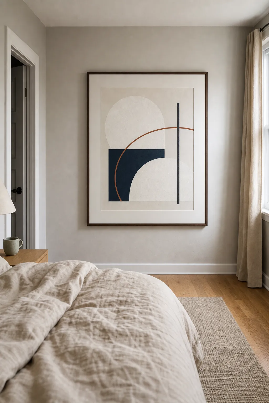 Large geometric abstract artwork on the blank bedroom wall opposite the bed