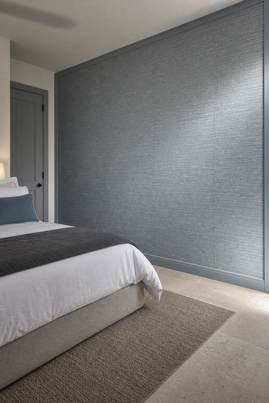 Soft blue-gray grasscloth-texture focal wall opposite a simple upholstered bed