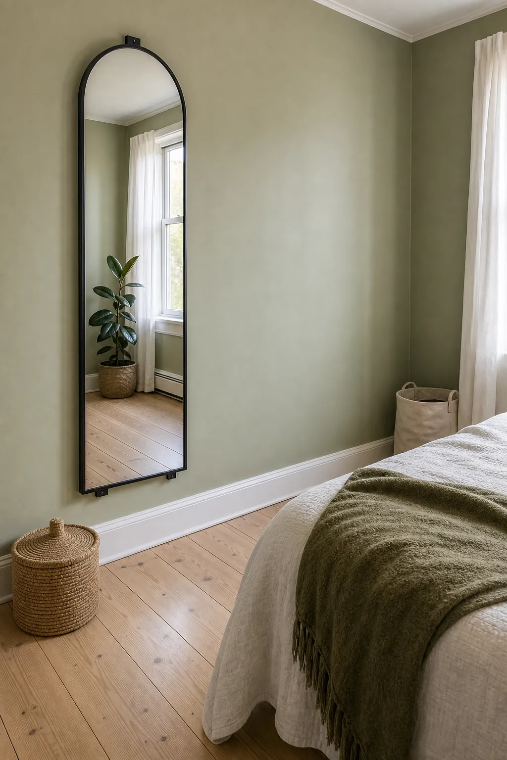 Offset full-length mirror reflecting a bedroom window without facing the pillows