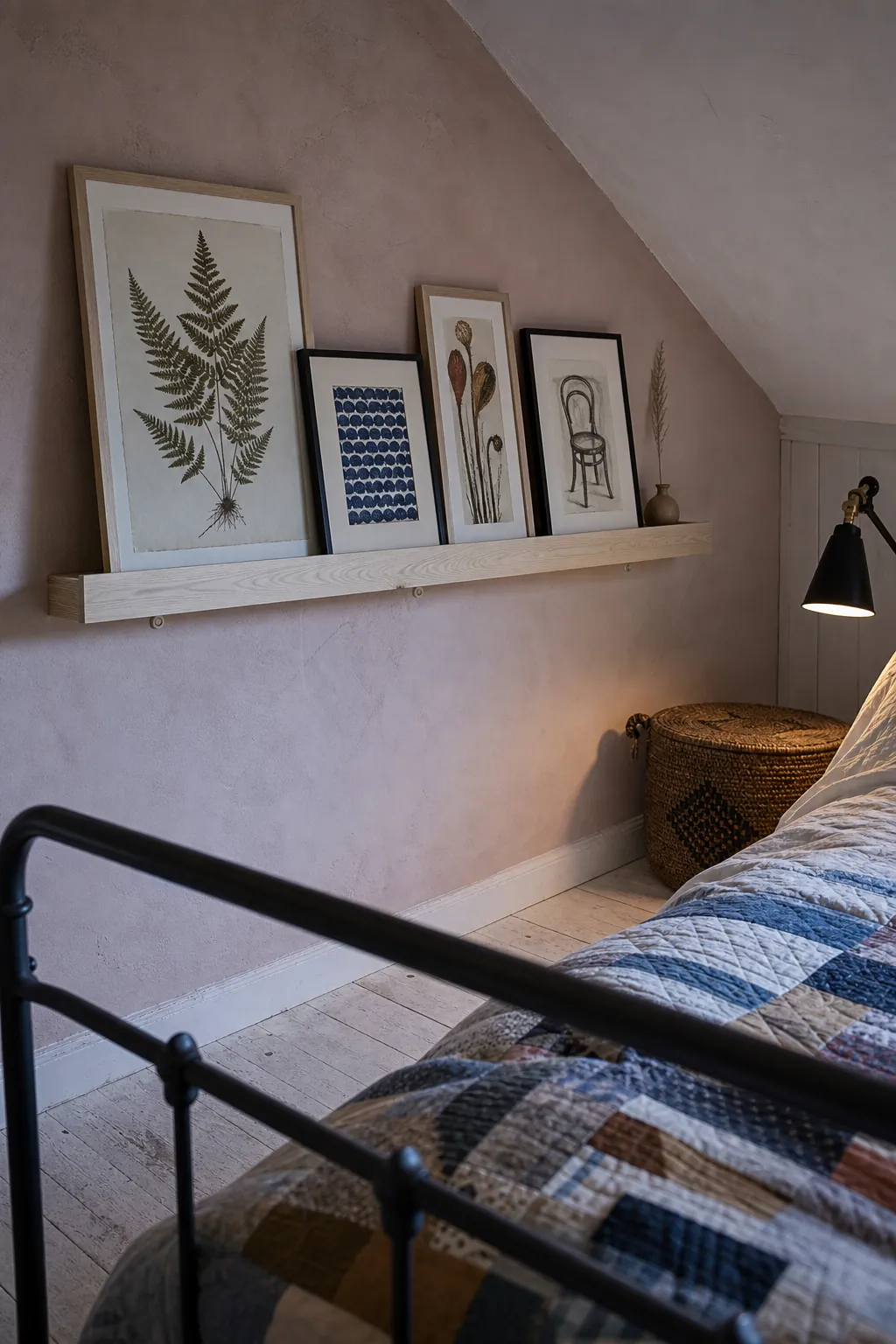 Slim picture ledge with layered botanical and line art prints opposite a bed
