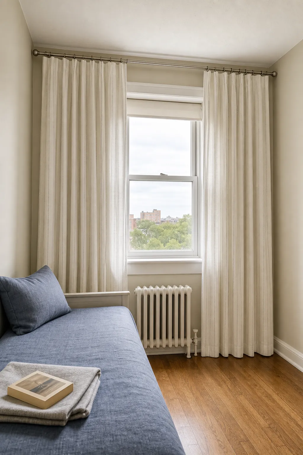 Ceiling-height striped curtains adding vertical emphasis to a small bedroom