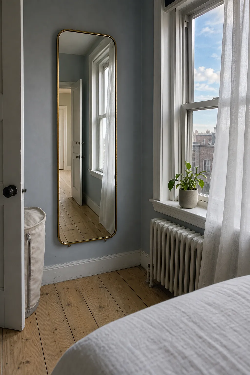Tall mirror beside a bedroom window reflecting daylight into a small room