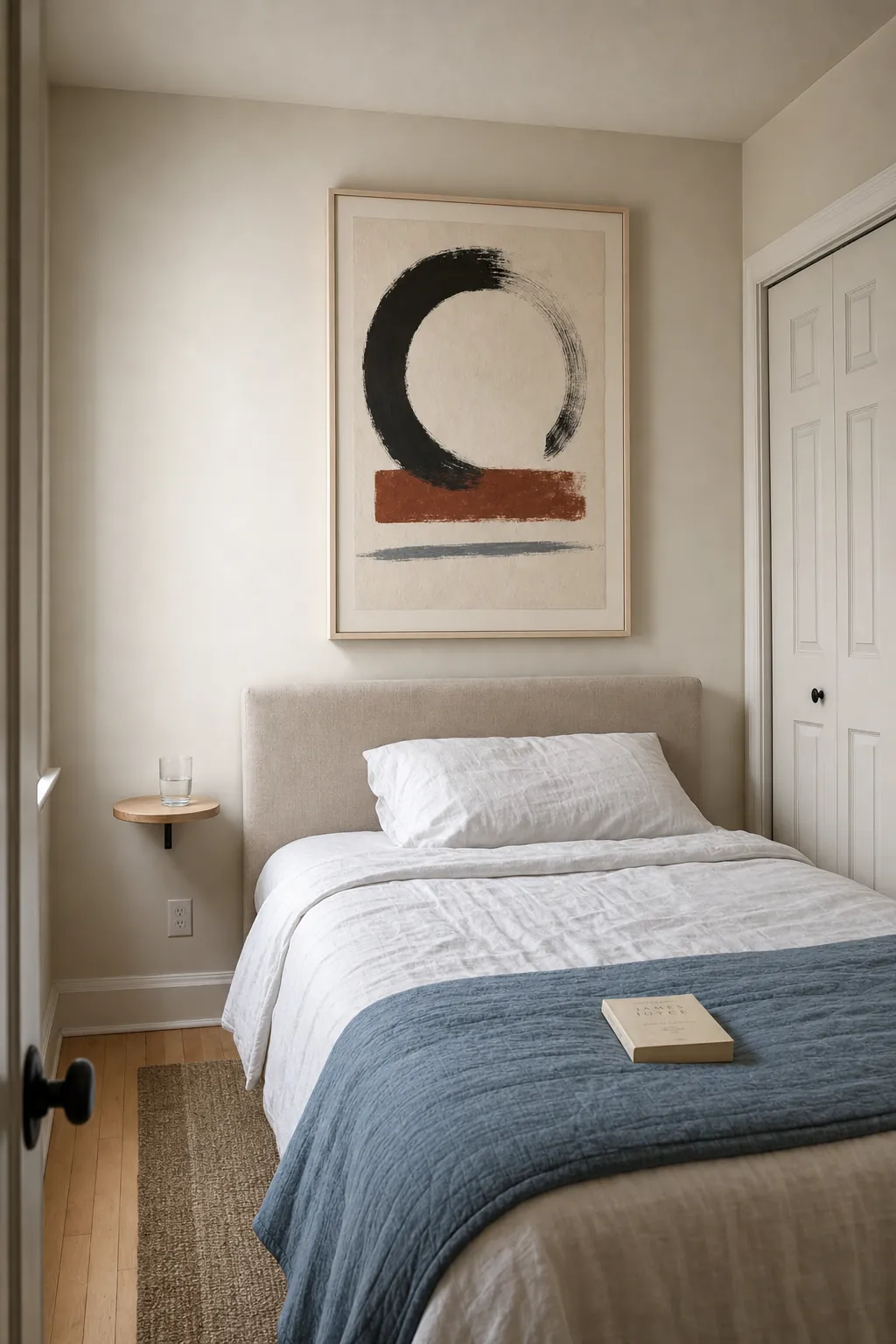 One large minimal artwork making a compact bedroom wall feel calm and expansive