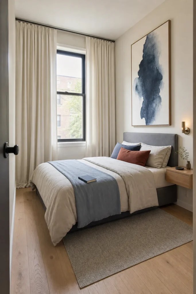 Small bedroom with large-scale wall decor, tall curtains, and clear floor space