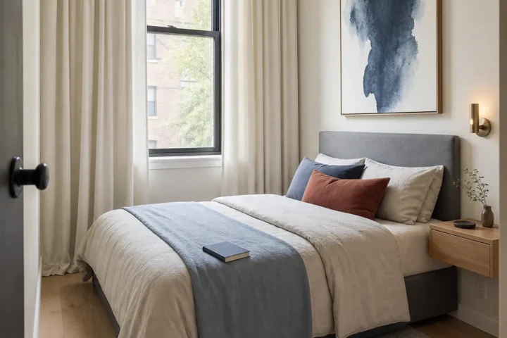 Small bedroom with large-scale wall decor, tall curtains, and clear floor space