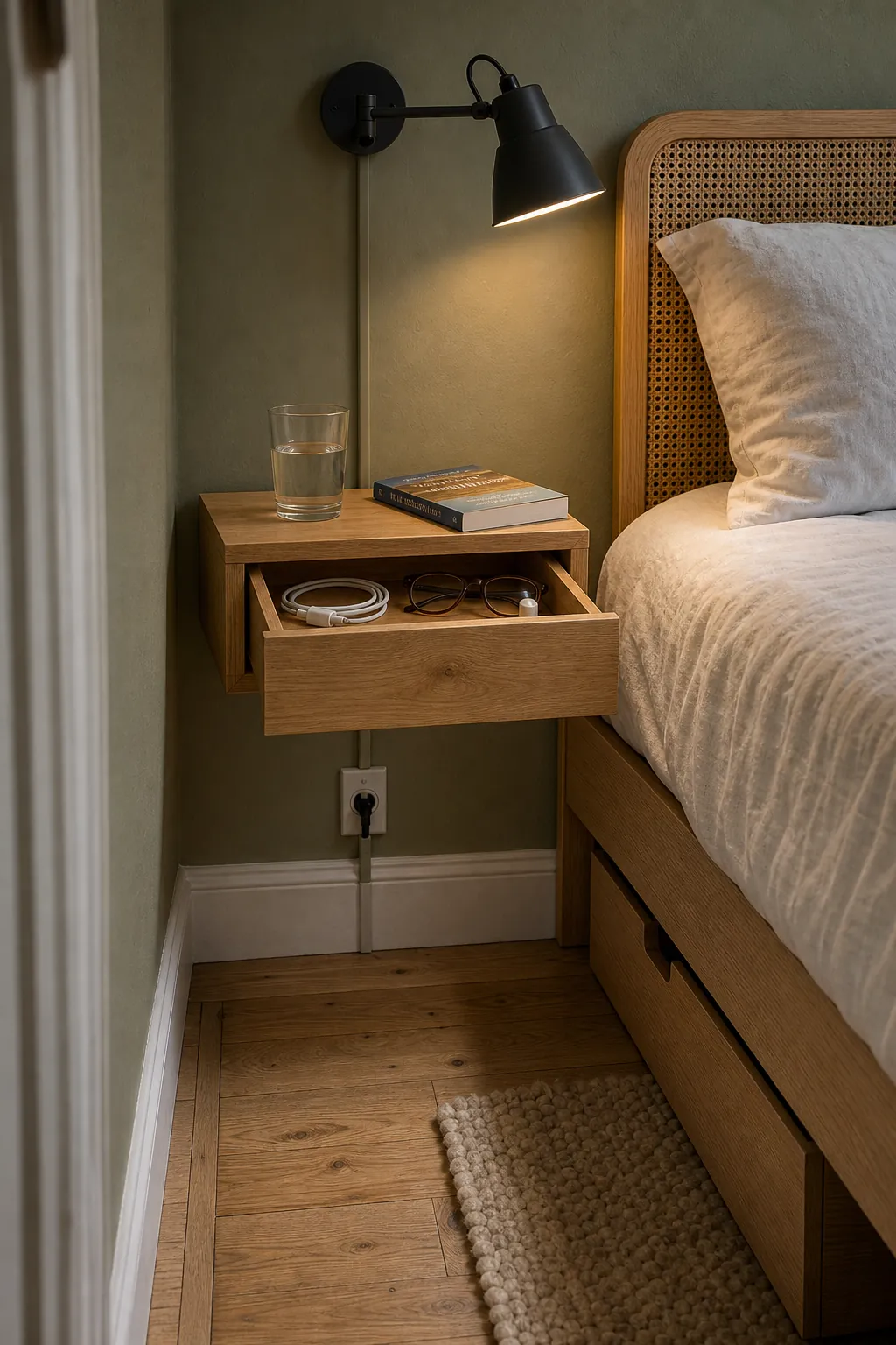 Floating nightstand and wall sconce clearing floor space in a compact bedroom