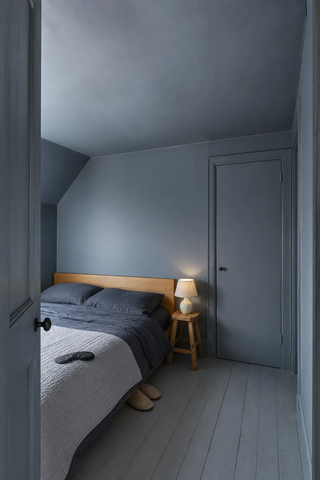 Tone-on-tone blue bedroom walls trim and ceiling softening the room boundaries