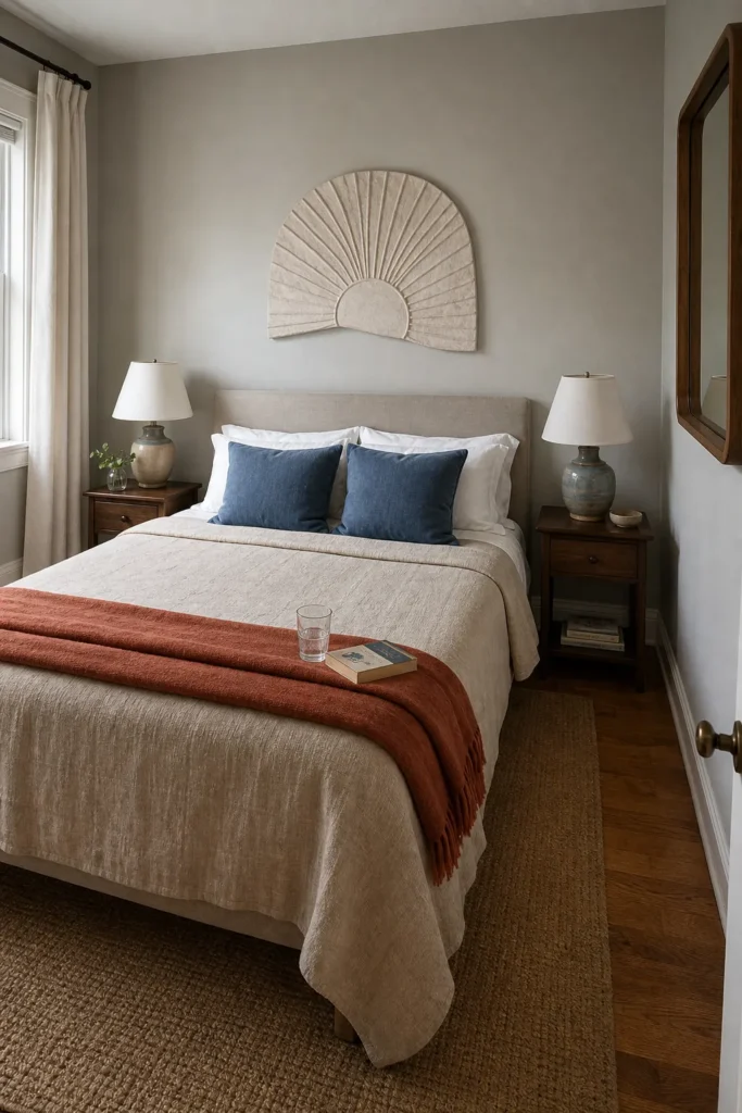 Finished guest bedroom wall decor styled beautifully on a modest budget