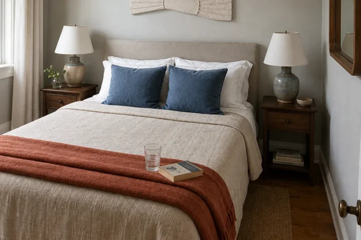 Finished guest bedroom wall decor styled beautifully on a modest budget
