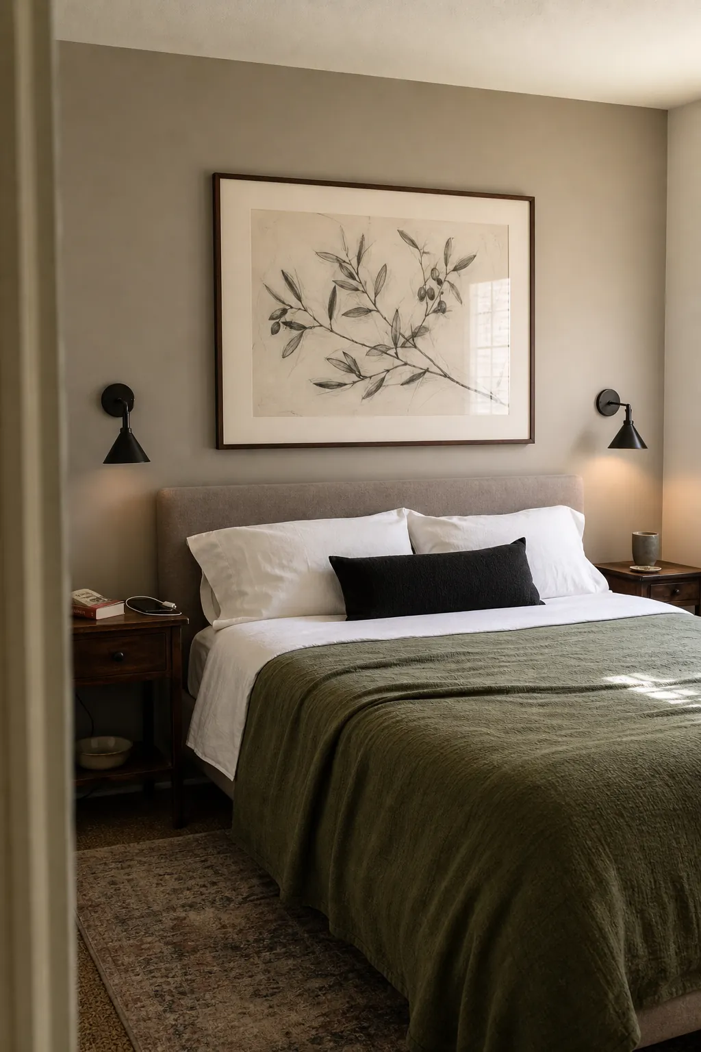Oversized charcoal branch art centered above a budget guest bedroom bed