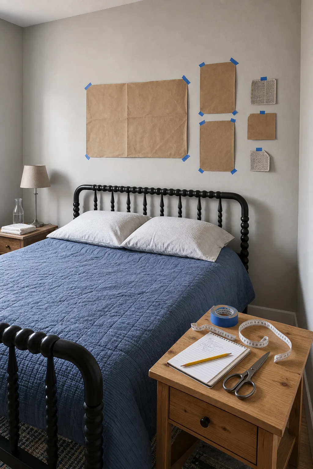 Paper templates testing guest bedroom wall decor placement on a budget