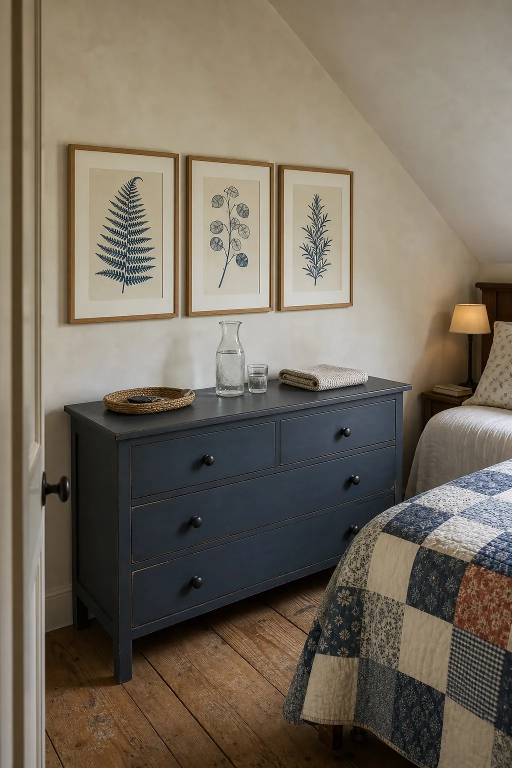 Coordinated printable botanical wall art in a cozy guest bedroom