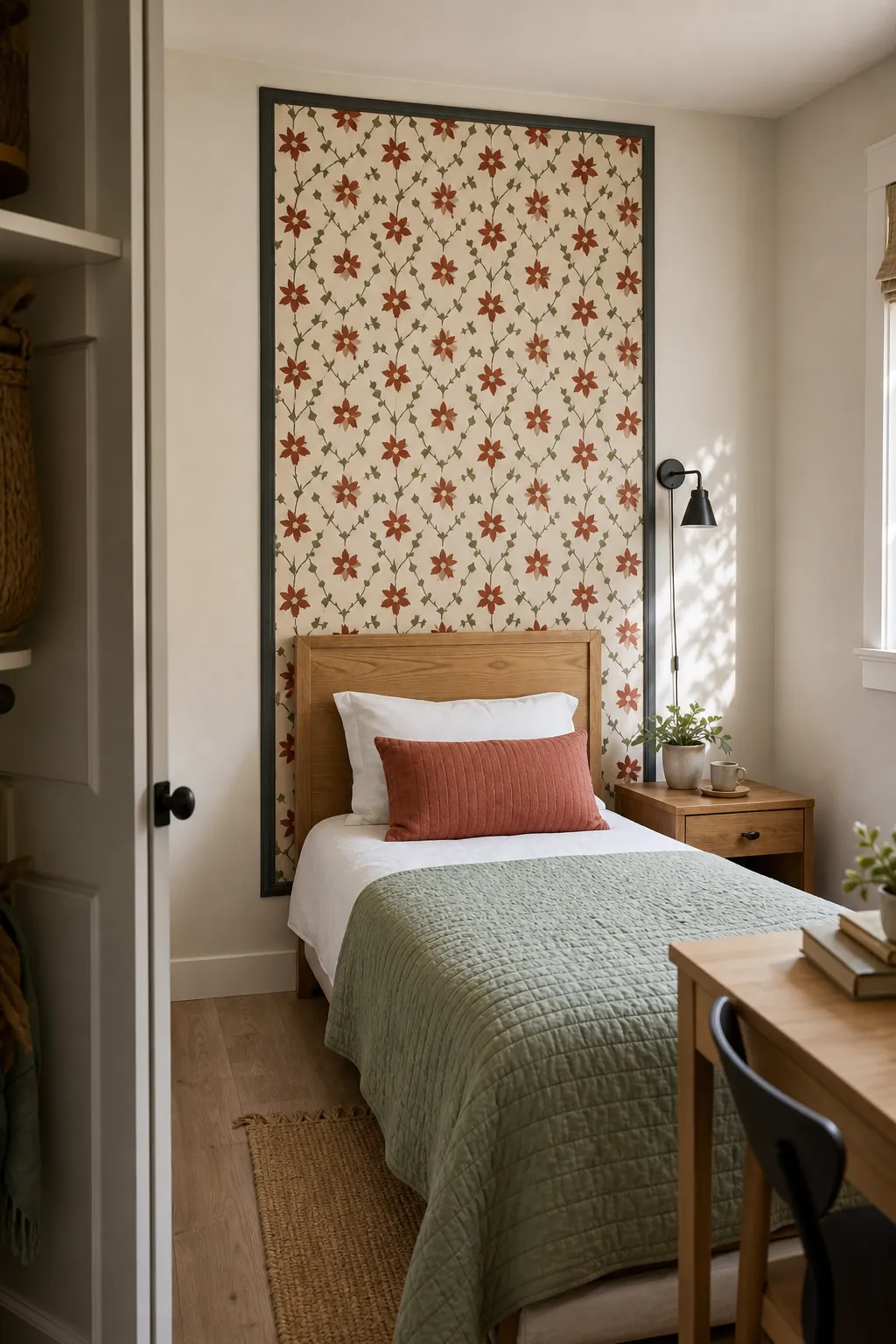 Budget block-print wallpaper panel creating a guest bedroom focal wall