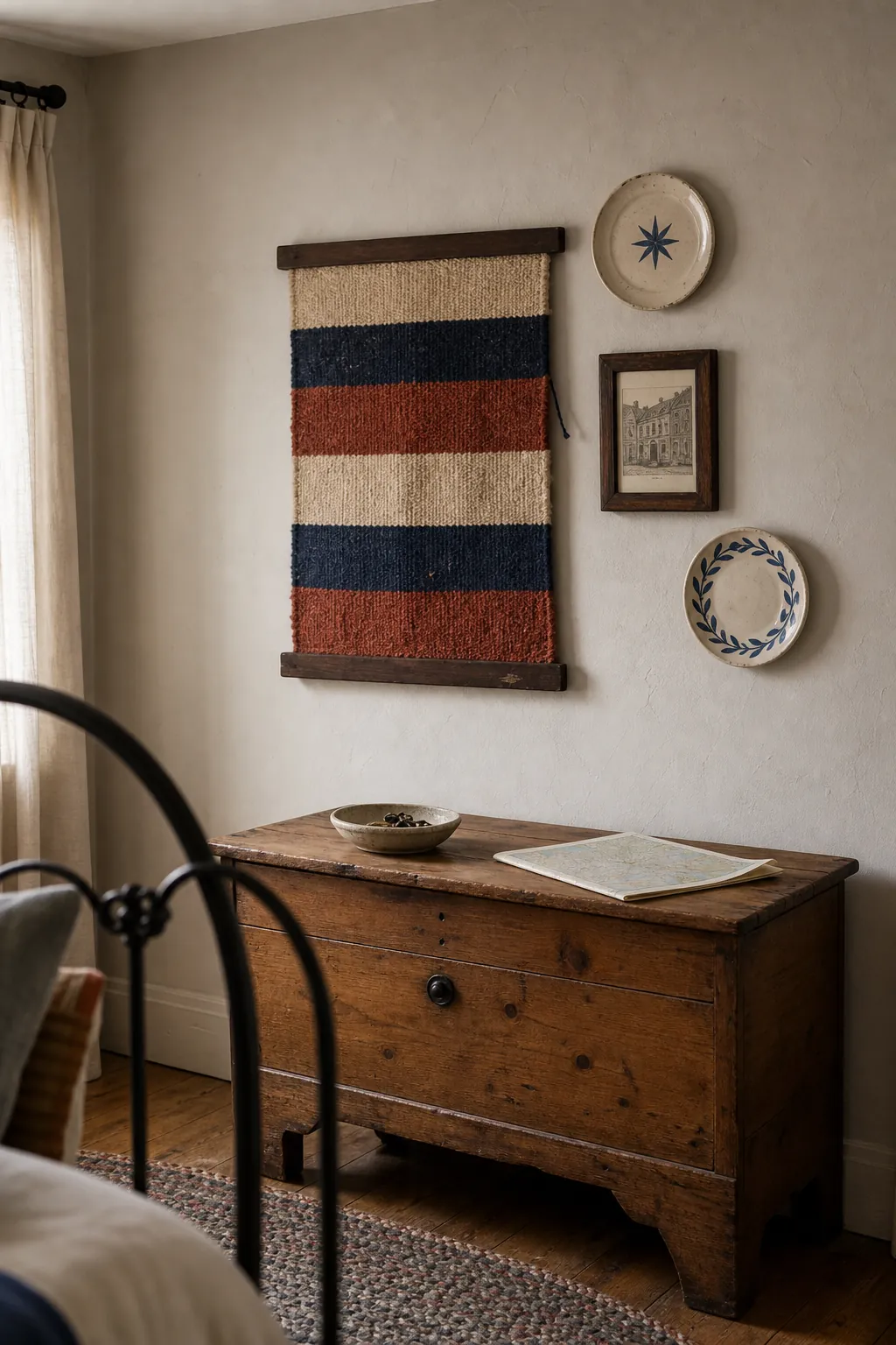 Thrifted woven textile and ceramic wall display in a guest bedroom