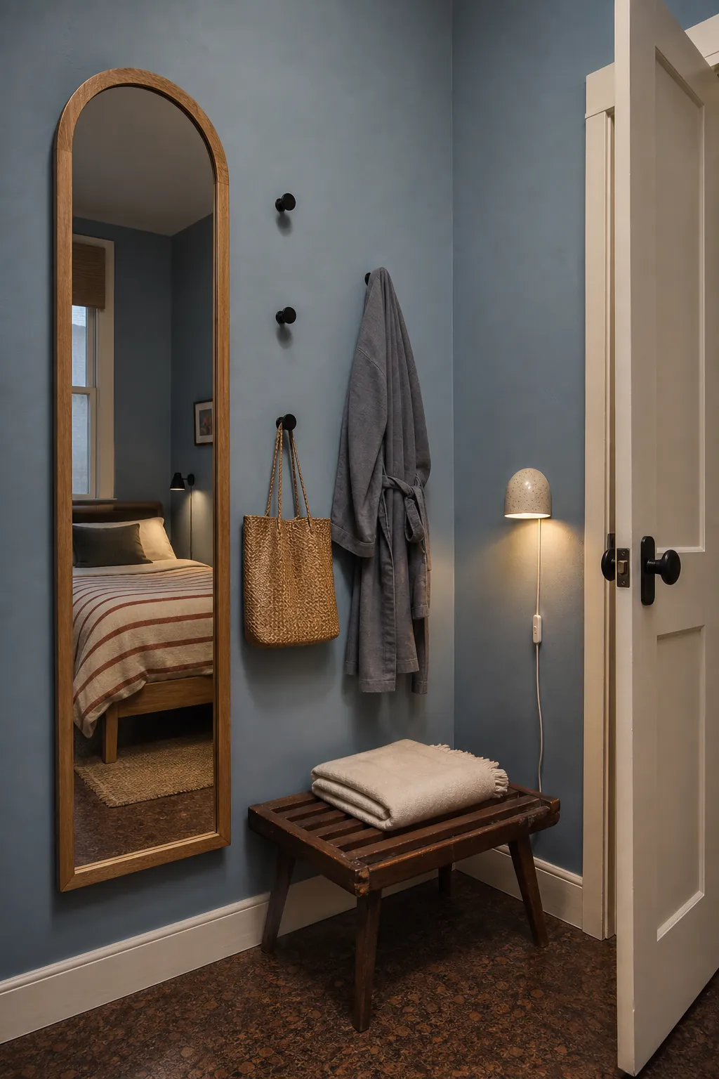 Arched full-length mirror and wall hooks adding useful guest room decor