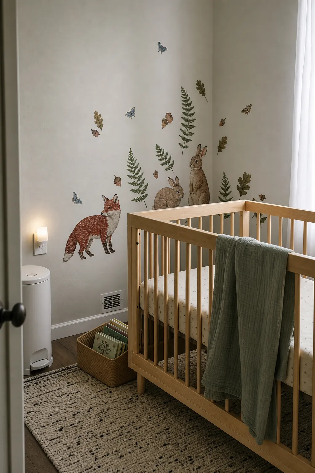 Removable botanical animal wall decals in a practical nursery