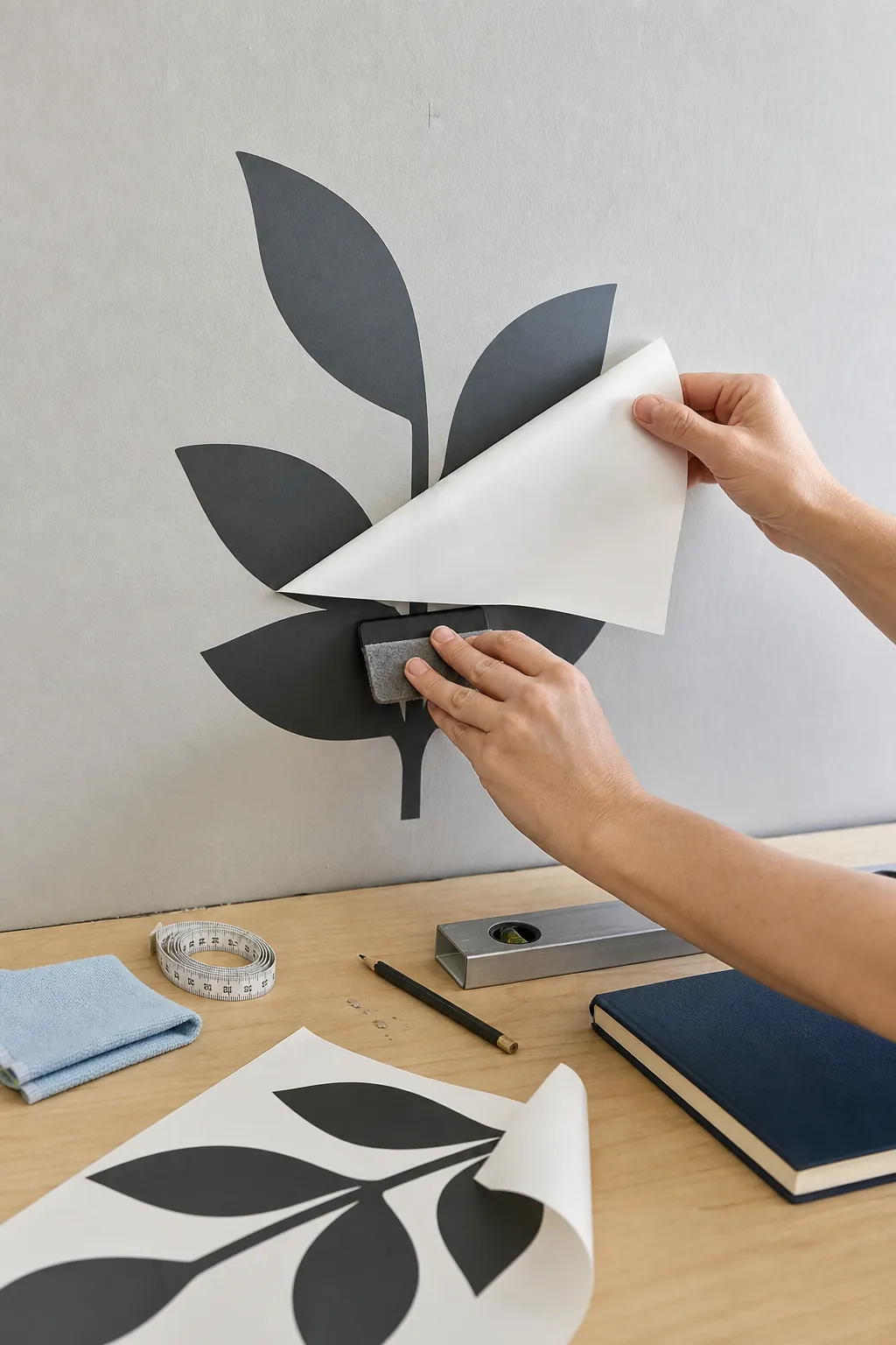 Close view showing the layers of a removable wall decal during installation
