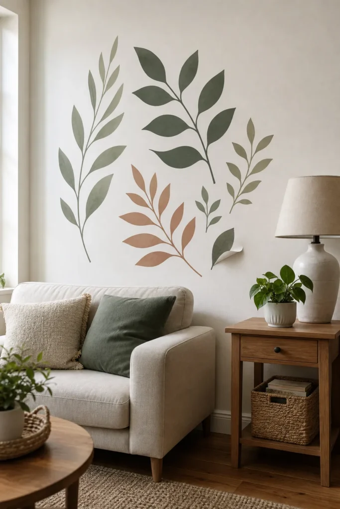 Removable wall decals arranged in a bright modern rental living room