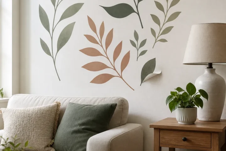 Removable wall decals arranged in a bright modern rental living room