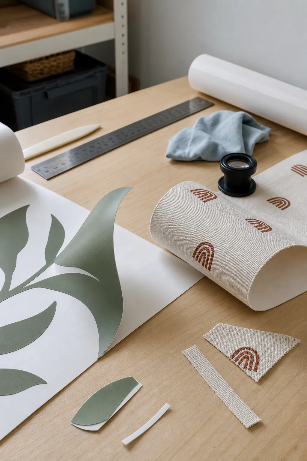 Vinyl and fabric removable wall decal samples compared on a worktable