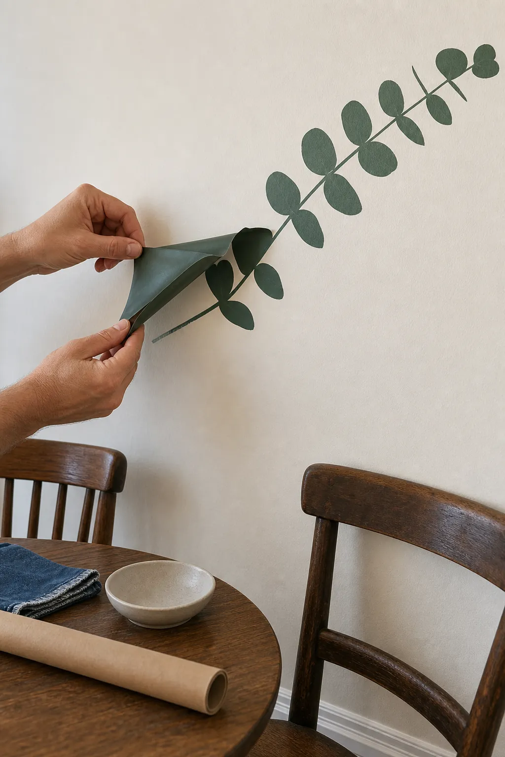 Hands slowly removing a vinyl wall decal at a low angle
