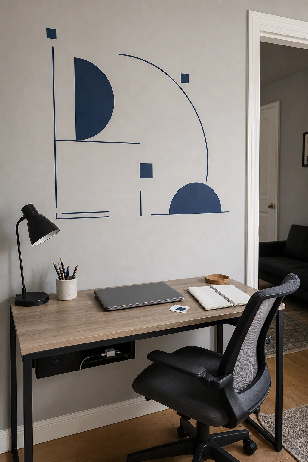 Precise removable vinyl geometric decal installed in a home office