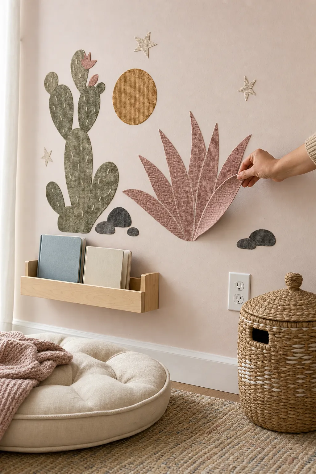 Repositionable fabric wall decals arranged in a small nursery reading corner