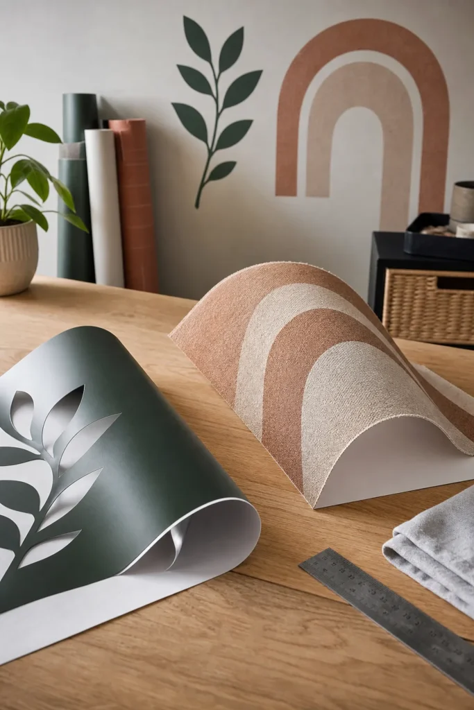 Vinyl and fabric wall decals compared in a modern decorating workspace