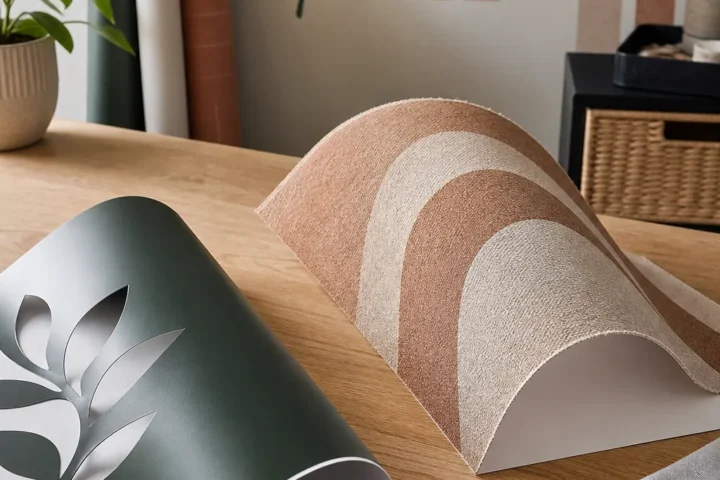 Vinyl and fabric wall decals compared in a modern decorating workspace