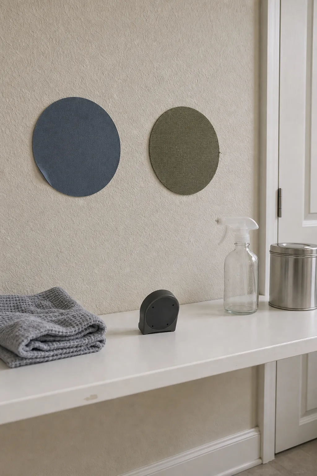Vinyl and fabric decal samples being tested on a lightly textured wall