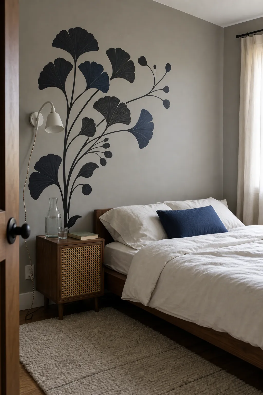 Large botanical wall decal creating a focused bedroom accent