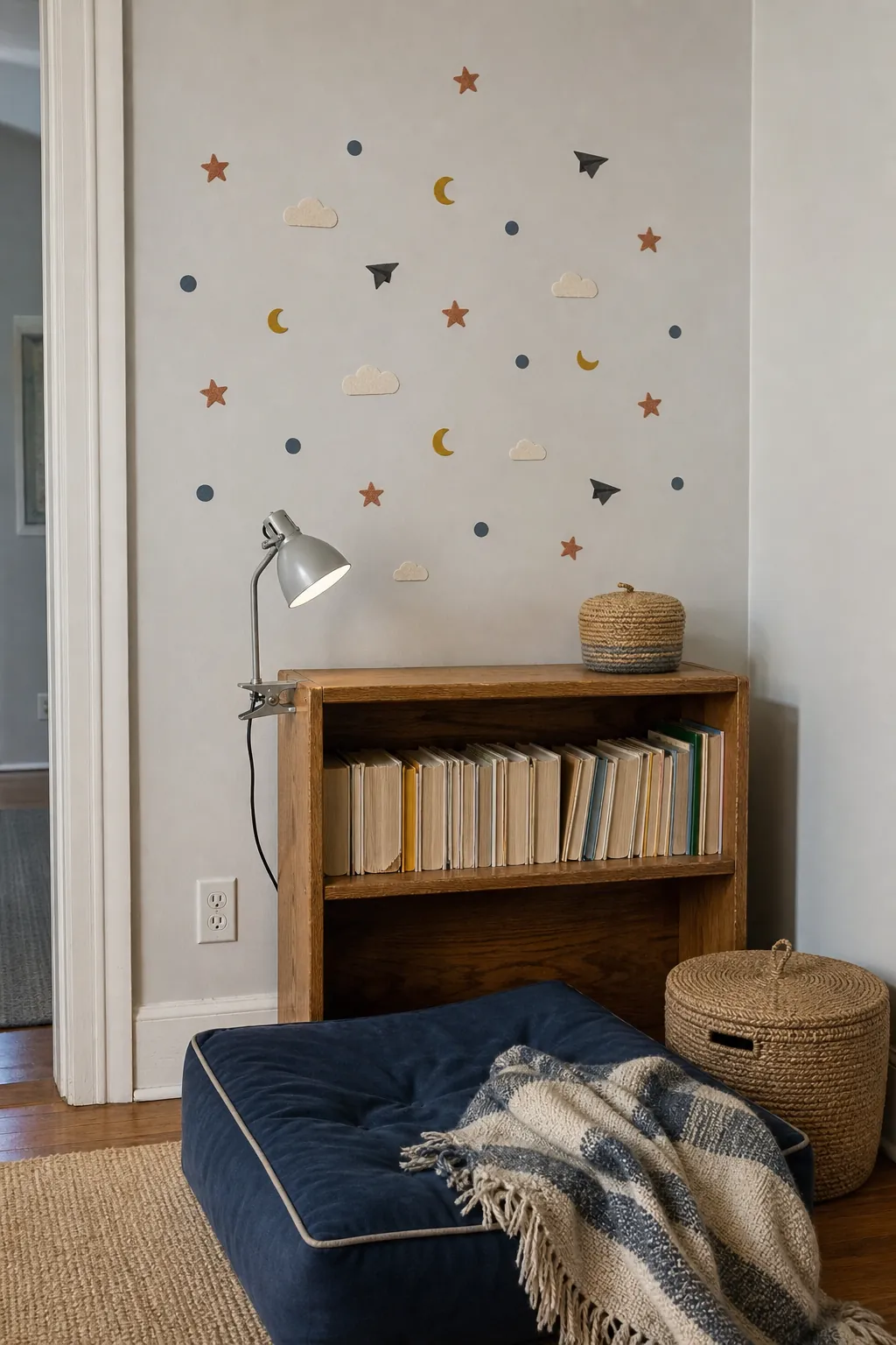 Small removable wall stickers used as scattered accents in a reading corner