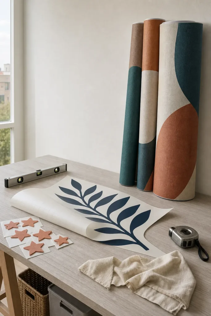 Wall stickers, a large decal, and mural panels shown in one decorating studio