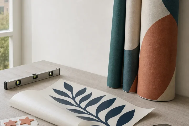 Wall stickers, a large decal, and mural panels shown in one decorating studio