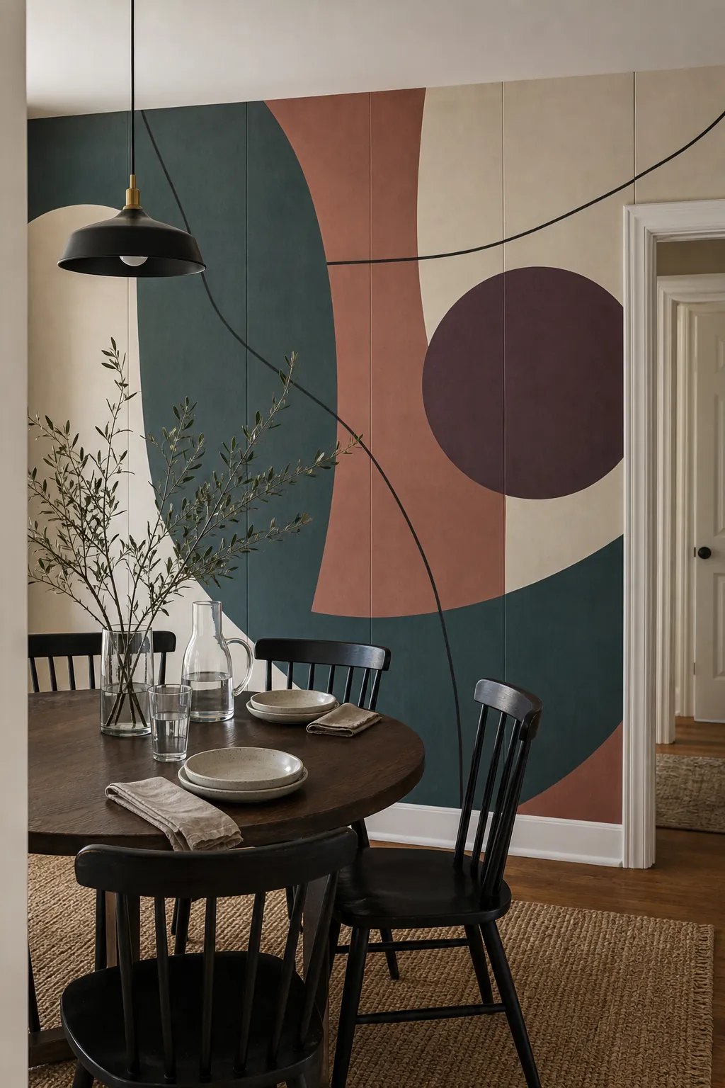Peel and stick abstract wall mural covering a dining room accent wall