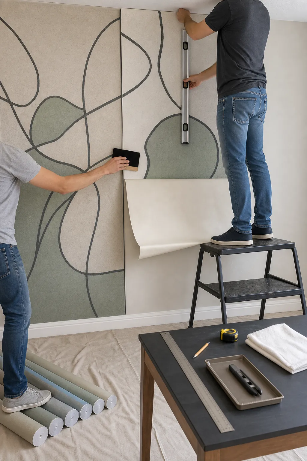 Two people aligning peel and stick mural panels with a level